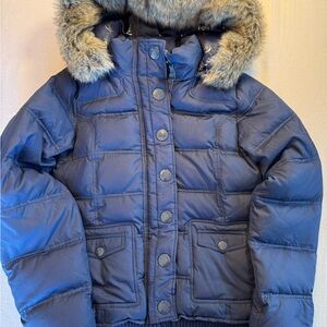 PINK Victoria's Secret Navy Puffer Jacket with Faux Fur Trim